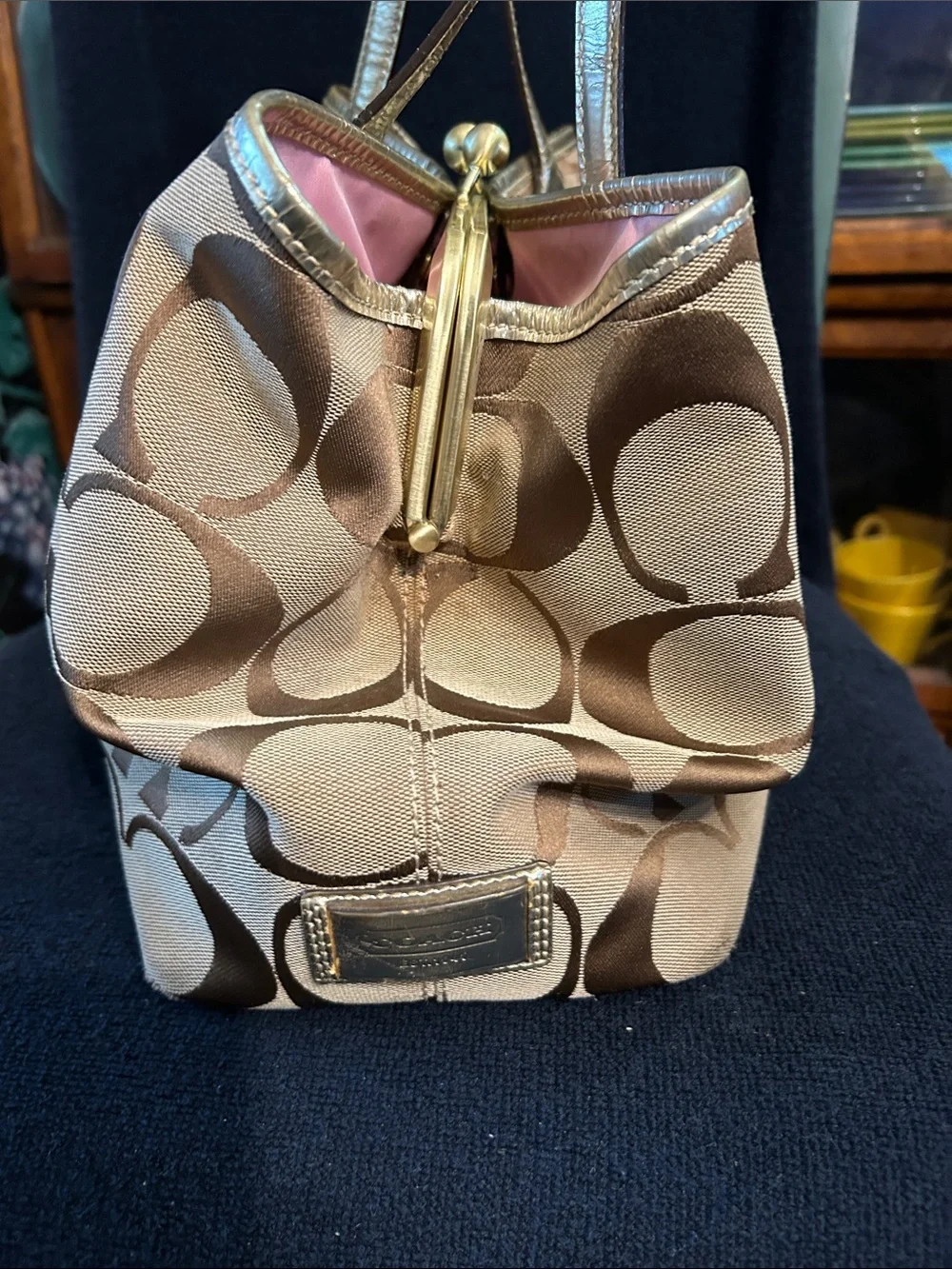 Coach Signature Monogram Canvas Tote w Gold Metallic Trim, Leather Straps